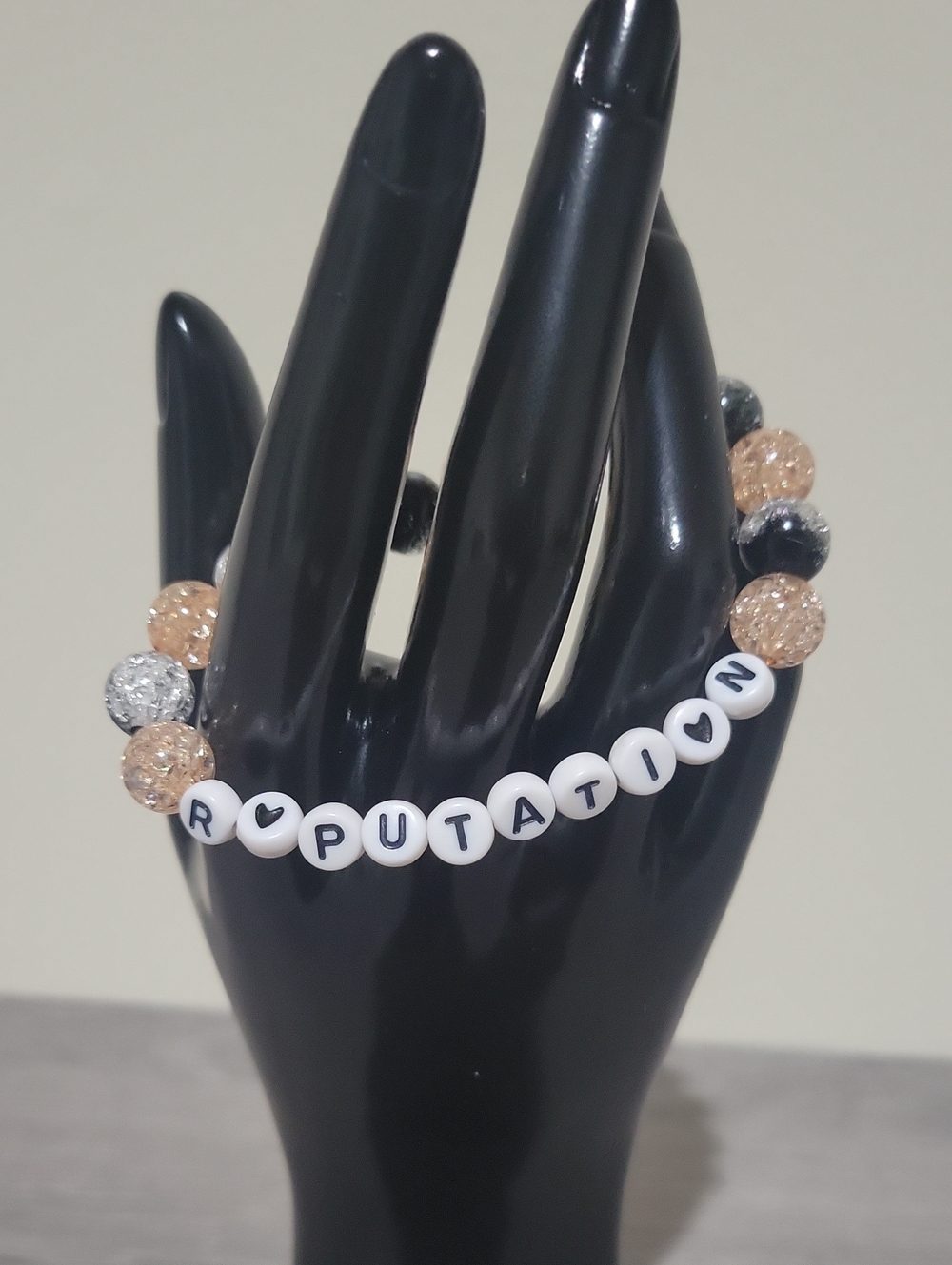 Taylor Swift REPUTATION Bracelet with Black, Silver & Peach Beads